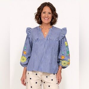 JODIFL Blue Striped Blouse with Floral Embroidered Accents Size Medium